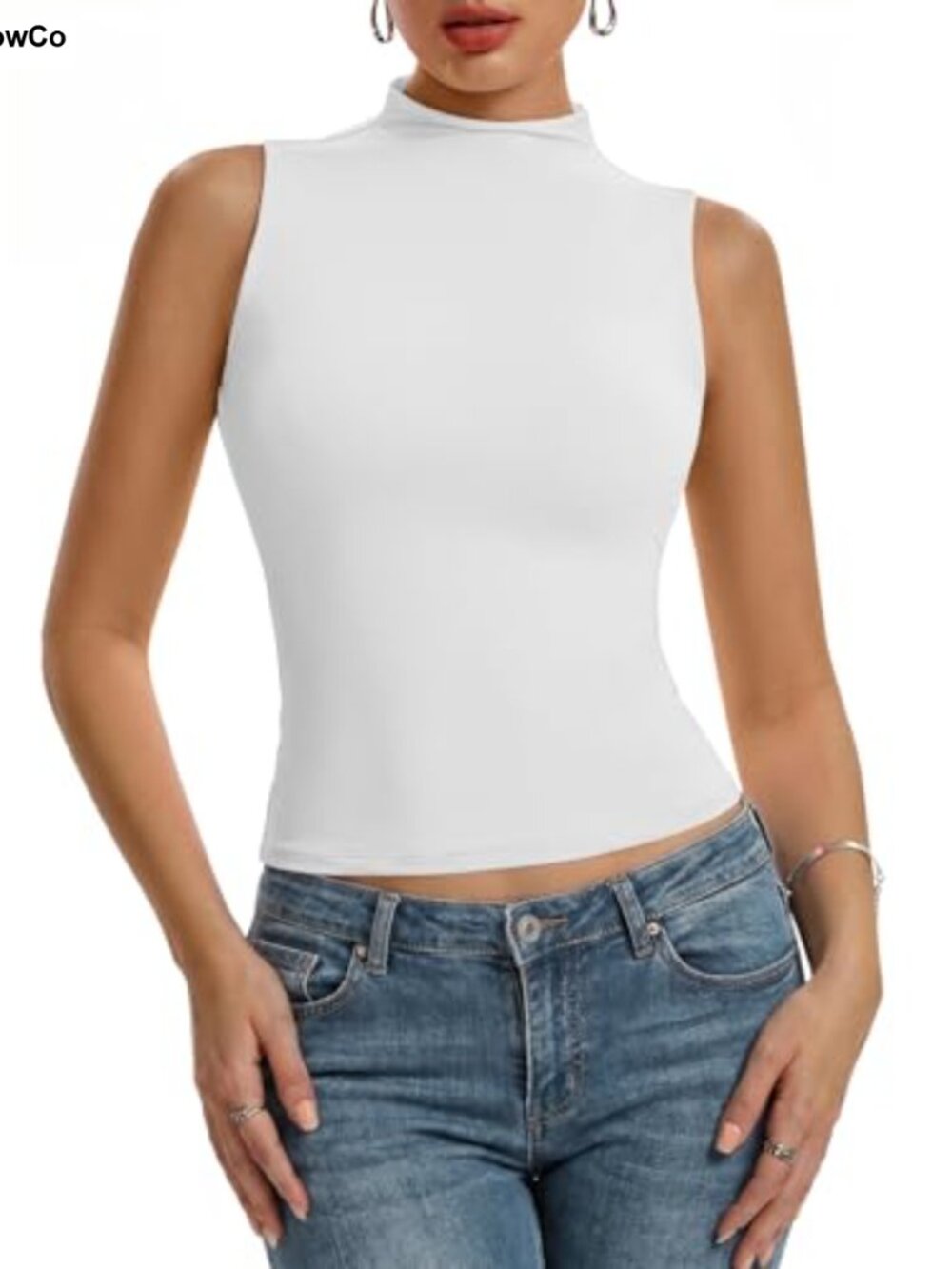 Double Lined Mock Turtleneck Tank Top Slim Fitted Sleeveless Layering Top